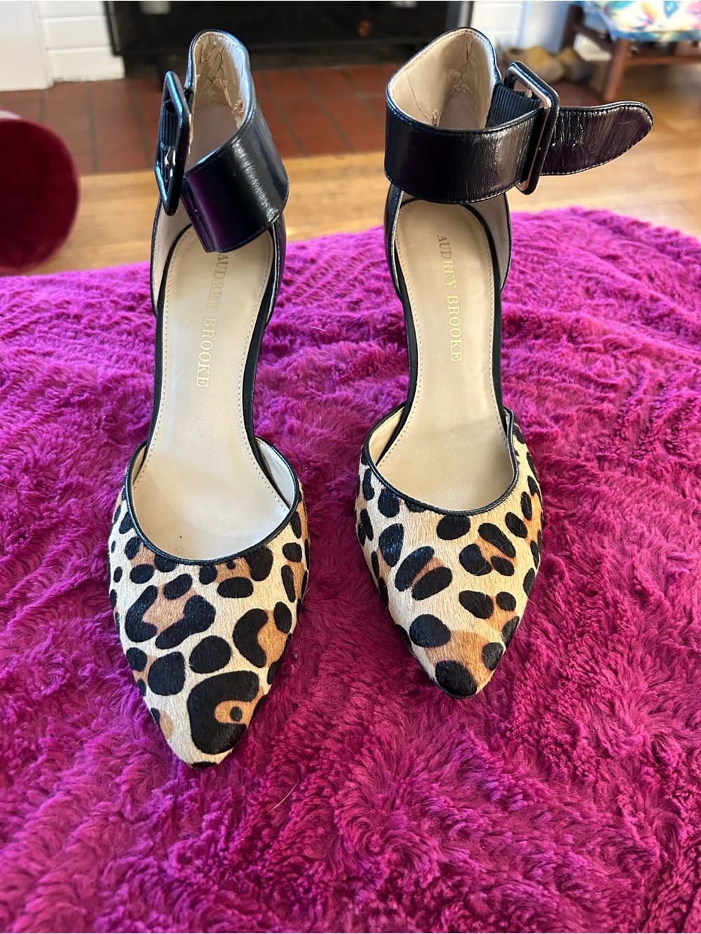 Audrey Brooke Leopard Print Pointed Toe Ankle Strap Pumps - Black/Tan 7 M